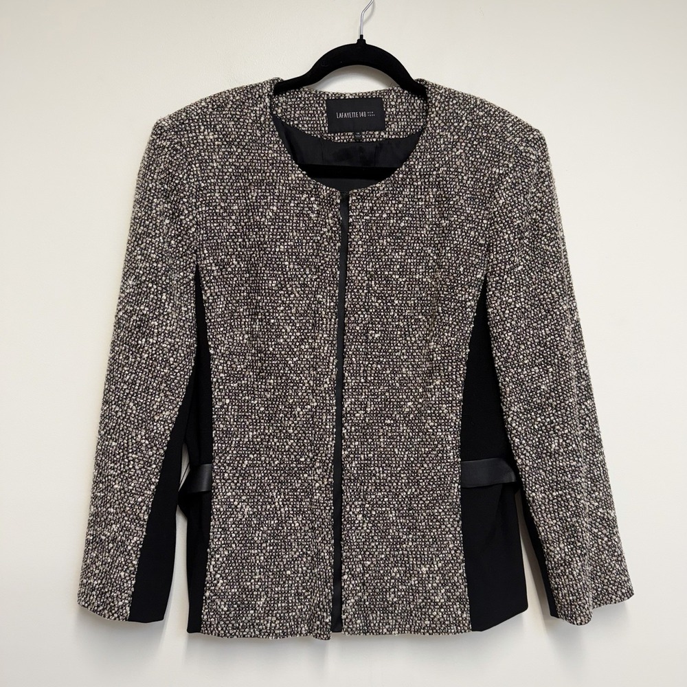 Lafayette 148 Blazer Size 14 Tweed Wool Blend Faux Leather Gold Thread Career